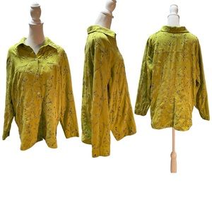 Sag Harbor Lime Green with Black Embroidered Floral Print Fax Suede Shacket 16W